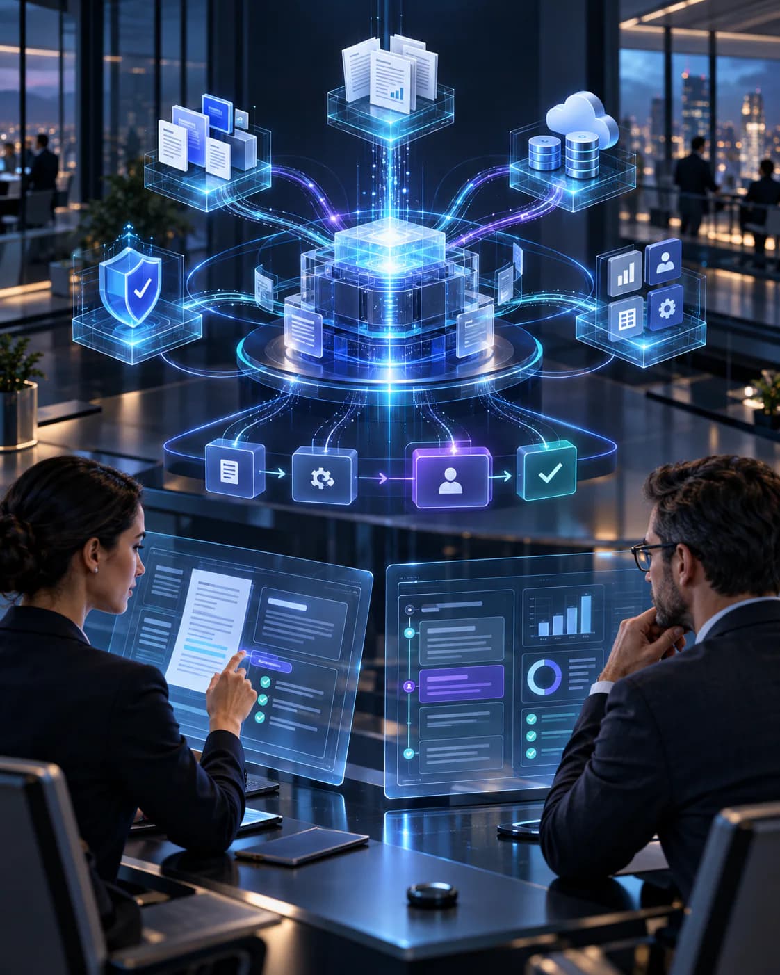 Enterprise team reviewing governed AI orchestration across knowledge, systems and workflows