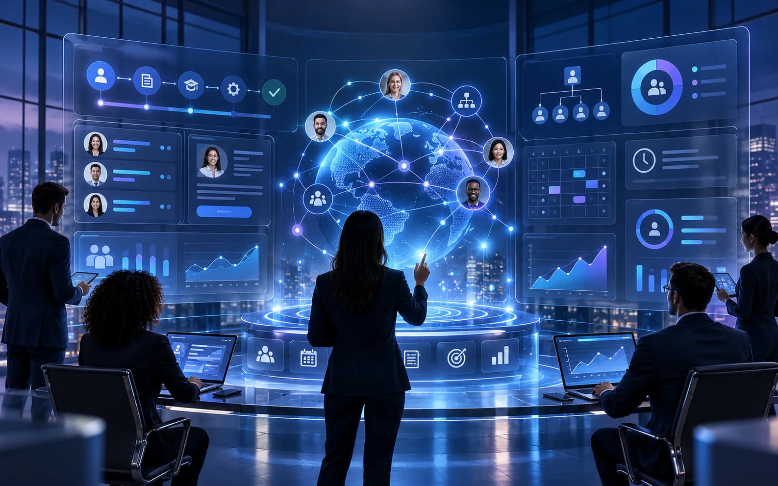 Global workforce team using a connected HR technology and workforce intelligence environment