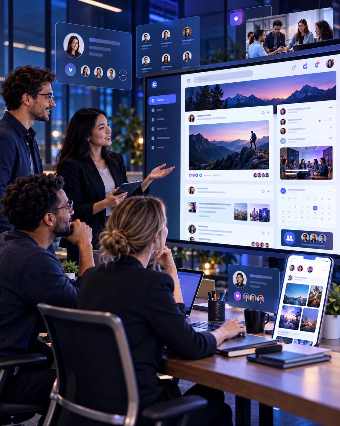 Professional team collaborating through a connected social and community platform
