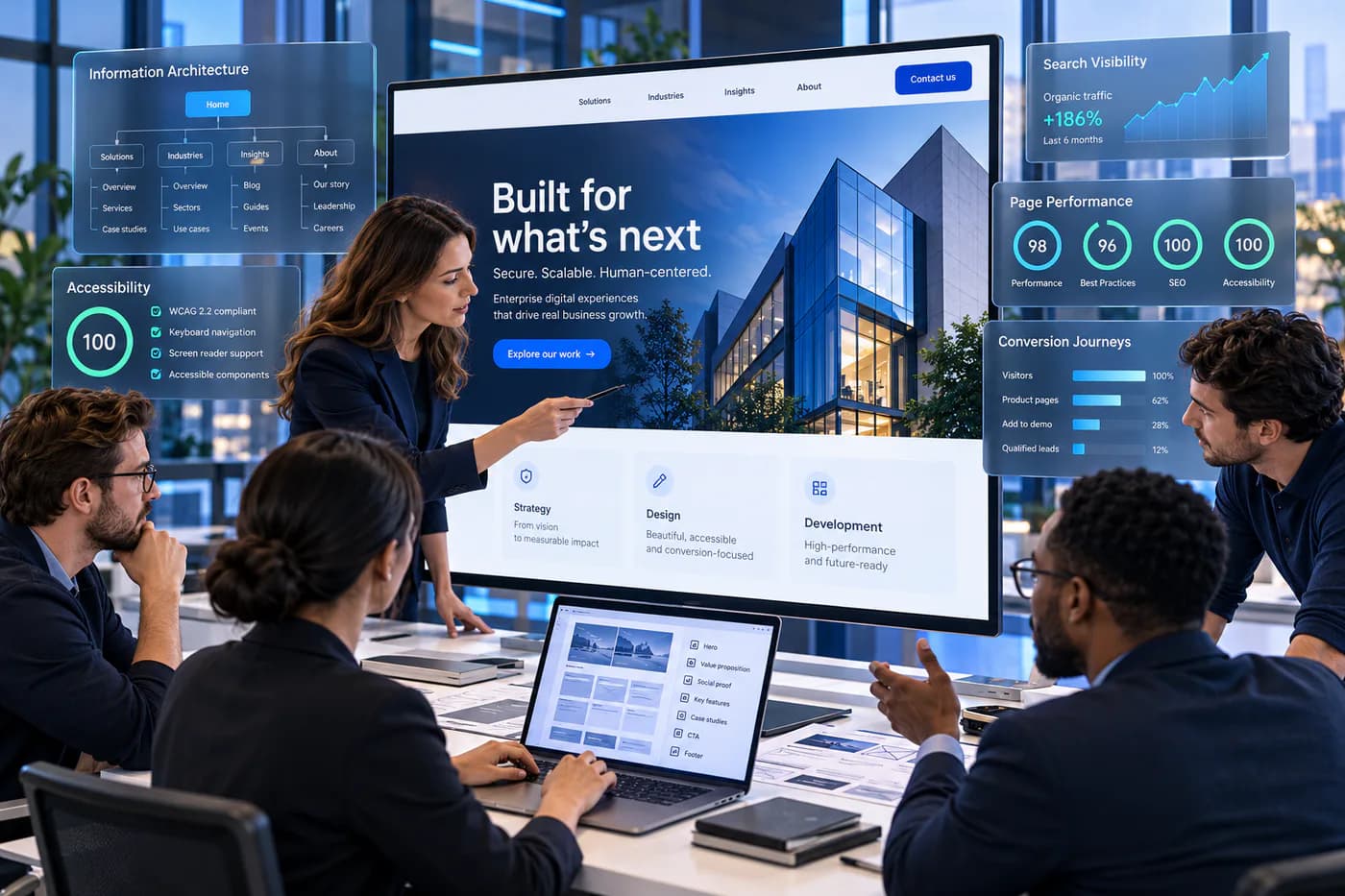 Design and growth team creating a high-trust corporate website with accessibility, search and performance insight