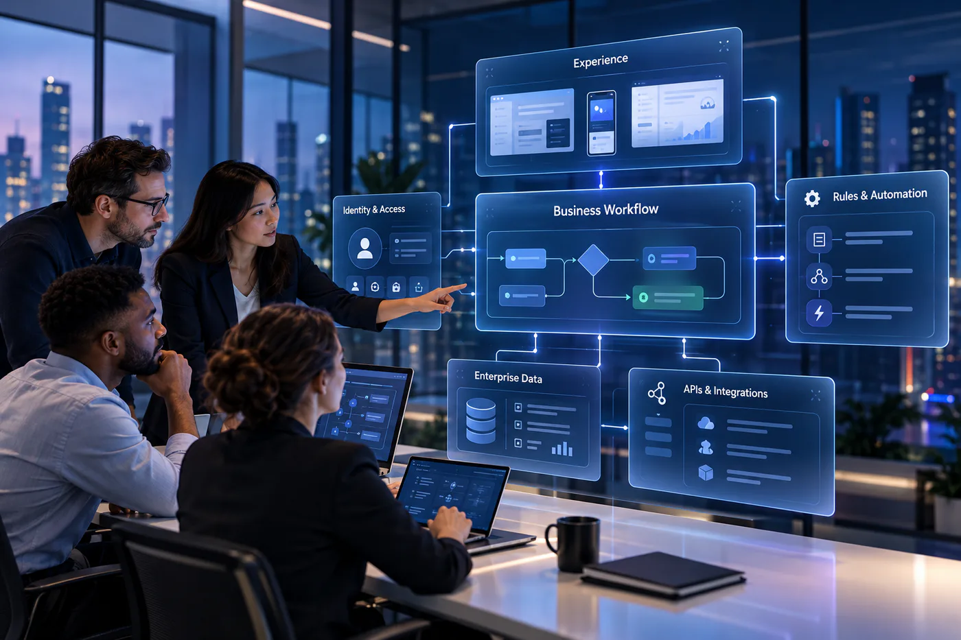 Professional product team architecting a custom enterprise application across experience, workflow, data and integration layers