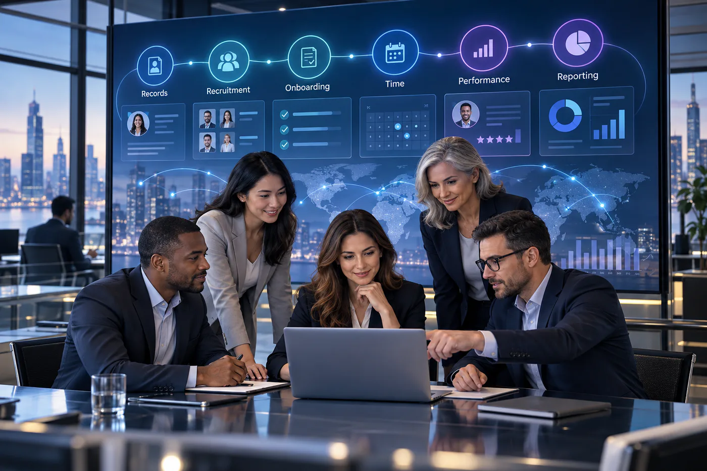 HR leaders connecting workforce records, recruitment, onboarding, time, performance and reporting