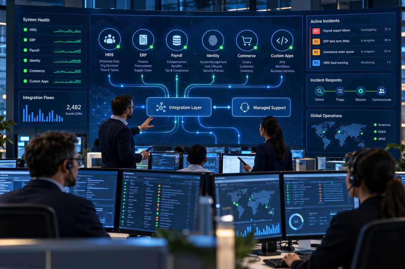 Enterprise operations team monitoring connected systems, integrations and managed support
