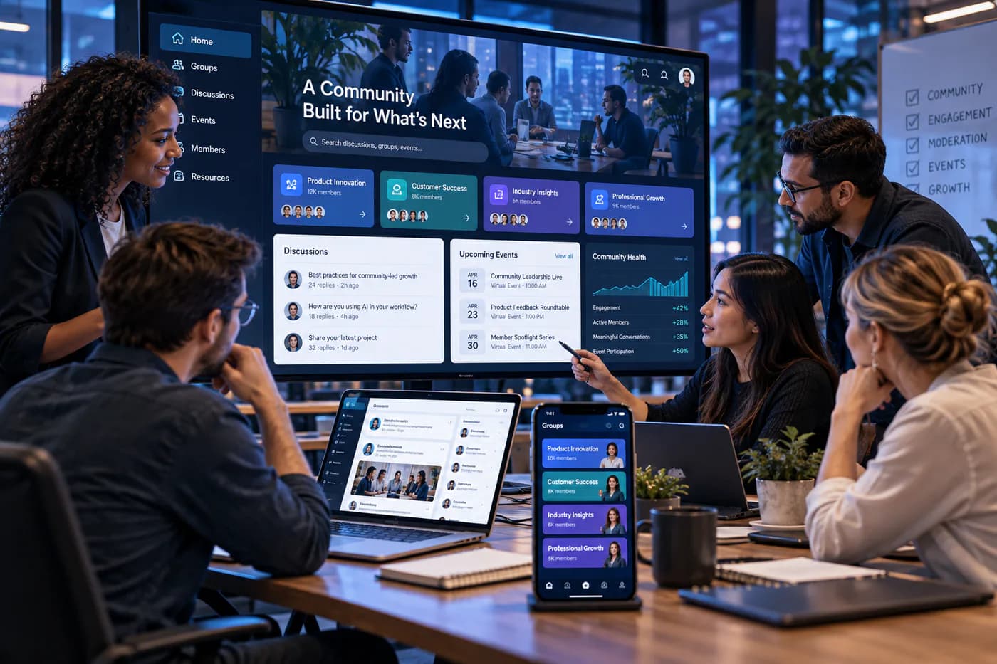Product team designing a professional social and community application across web and mobile